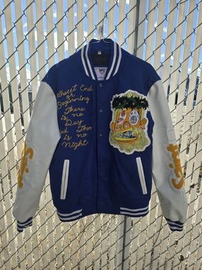 Blue and White Embroidered Varsity Bomber Jacket